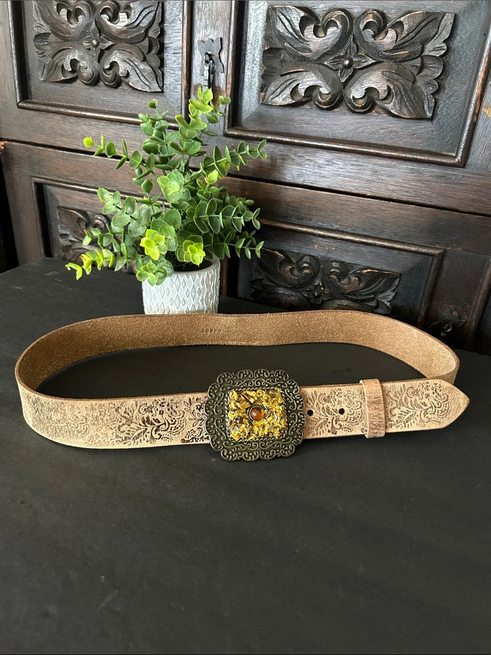 Tooled Tan Leather Belt with Ornate Amber Buckle